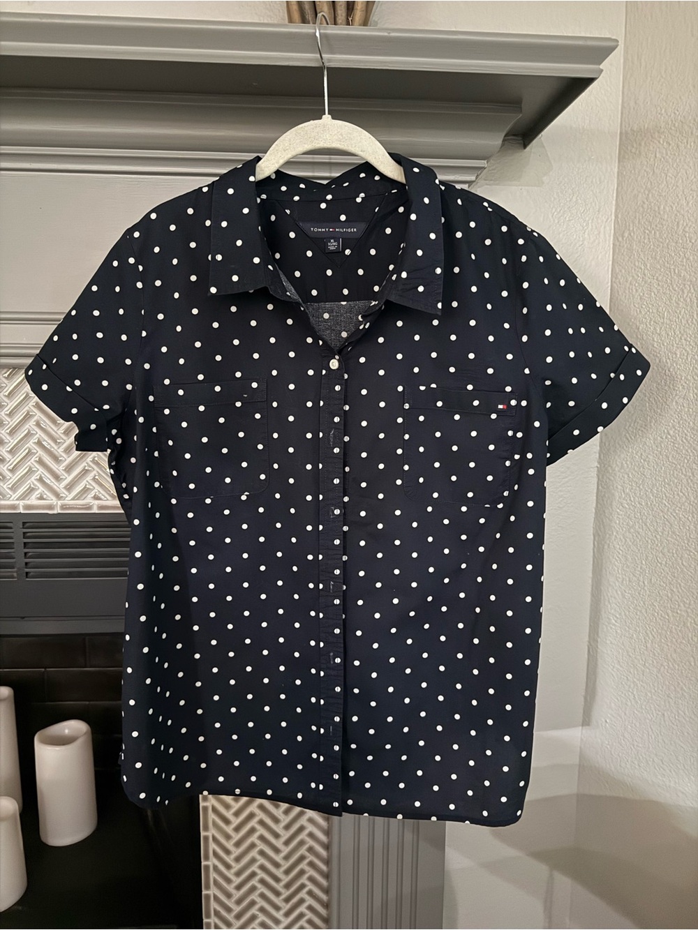 Tommy Hilfiger Navy and White Polka Dot Short-Sleeve Shirt